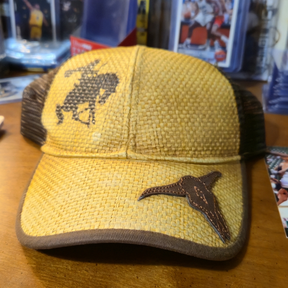 Leather And Wicker Cowboy Longhorn Snapback Hat Tan and Brown Mesh Trucker Cap